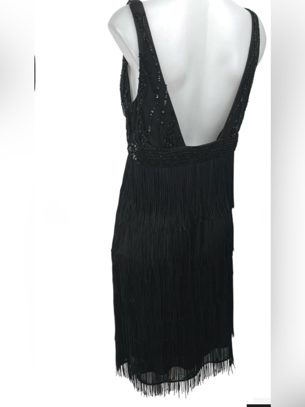Marina Black Sequin Sleeveless Deep V-Neck Fringe Tank Sheath Mini Dress Size 8 - Picture 2 of 3
